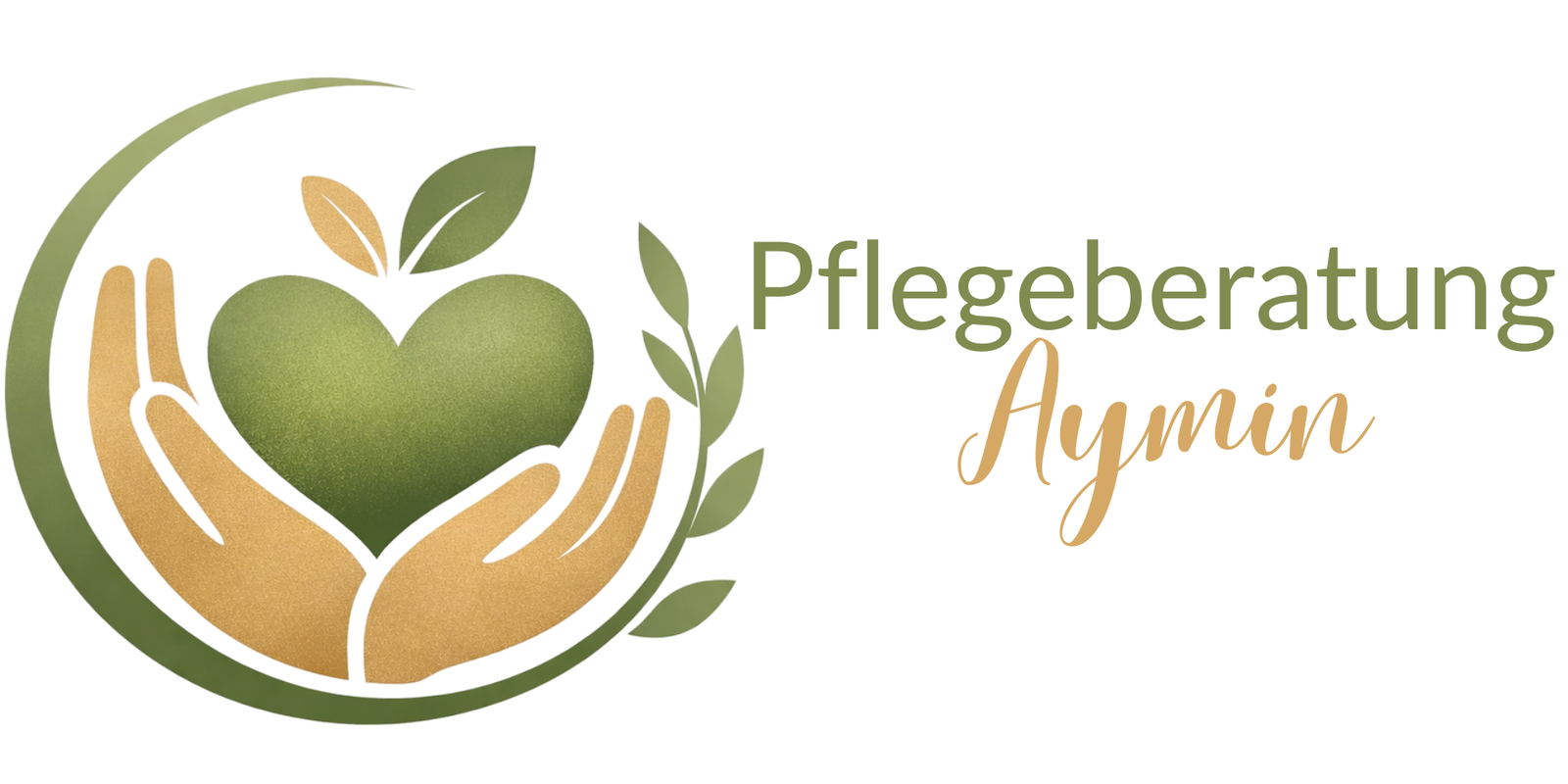 Logo Pflegeberatung Aymin: Zwei Hände halten ein grünes Herz, umrahmt von Blättern, daneben der Schriftzug ‚Pflegeberatung Aymin‘